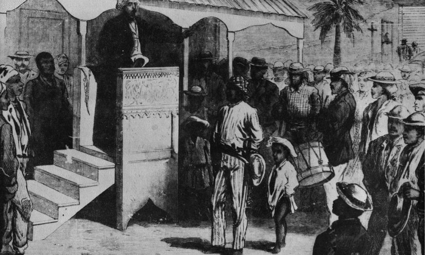 Frederick Douglass dirigiéndose a una multitud de estadounidenses de Samaná en Samaná, el 28 de enero de 1871. Está de pie en un púlpito prestado de una iglesia católica cercana.